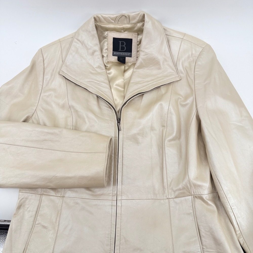 Bernardo Womens XL Cream Genuine Leather Full Zip Moto Jacket F0471